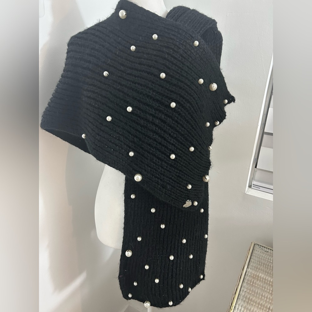 Betsey Johnson Black Scarf with Pearl Accents